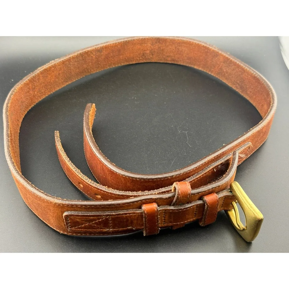Vintage Cognac Brown Leather Belt Brass Buckle Double Keeper 42/105 Rugged Style